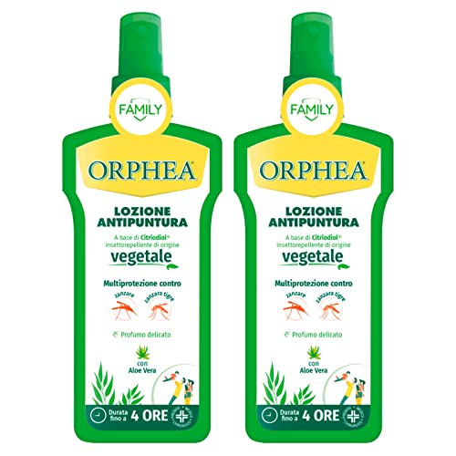 2x Orphea Lozione Spray Antipuntura Family Repellente Anti Zanzare e Zanzara Tigre Insettorepellente di Origine Vegetale con Aloe Vera - 2 Flaconi da 100ml