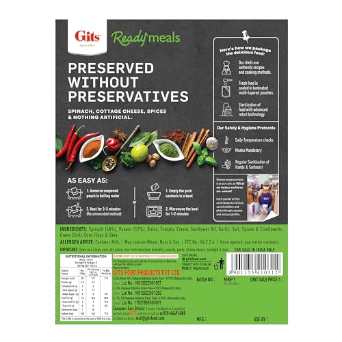 Image of Gits Ready to Eat Palak Paneer, Pure Veg, Heat and Eat Indian Dish, Microwaveable, 855g (Pack of 9 X 285g Each)