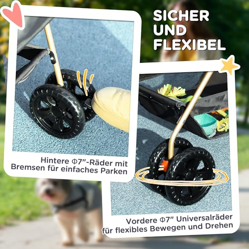 PawHut Hundewagen 3 in 1 Hundebuggy klappbar für Hunde & Katzen bis 4 kg Katzenbuggy mit Kissen Netzfenstern Getränkehalter Aufbewahrungskorb Katzenwagen Buggy Grau