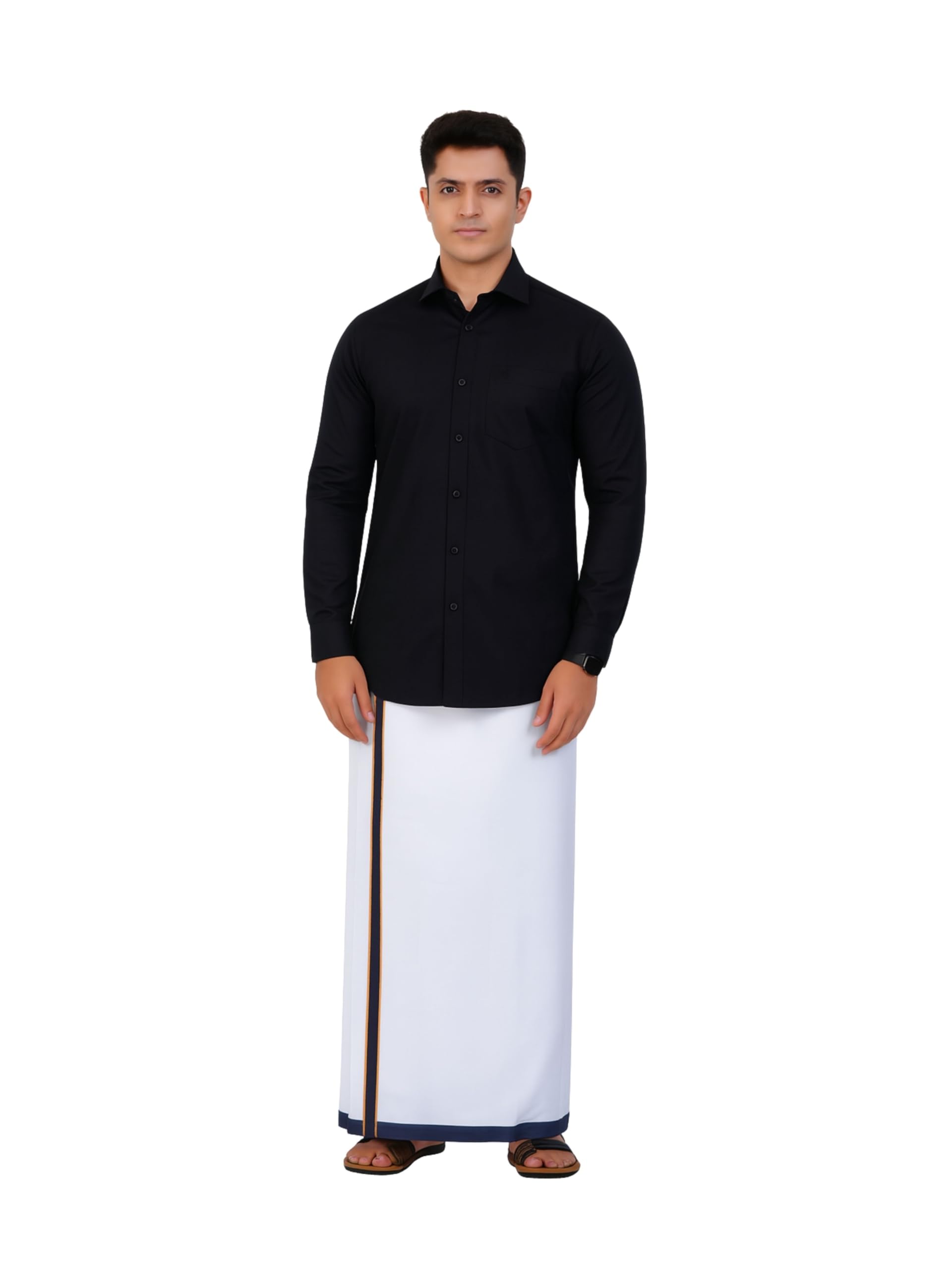 prakasam cotton Mens Traditional South Indian Dhoti Set with Shirt, White Cotton Dhoti with Matching Border, Stitched Long Sleeve Shirt for Men-picture-39