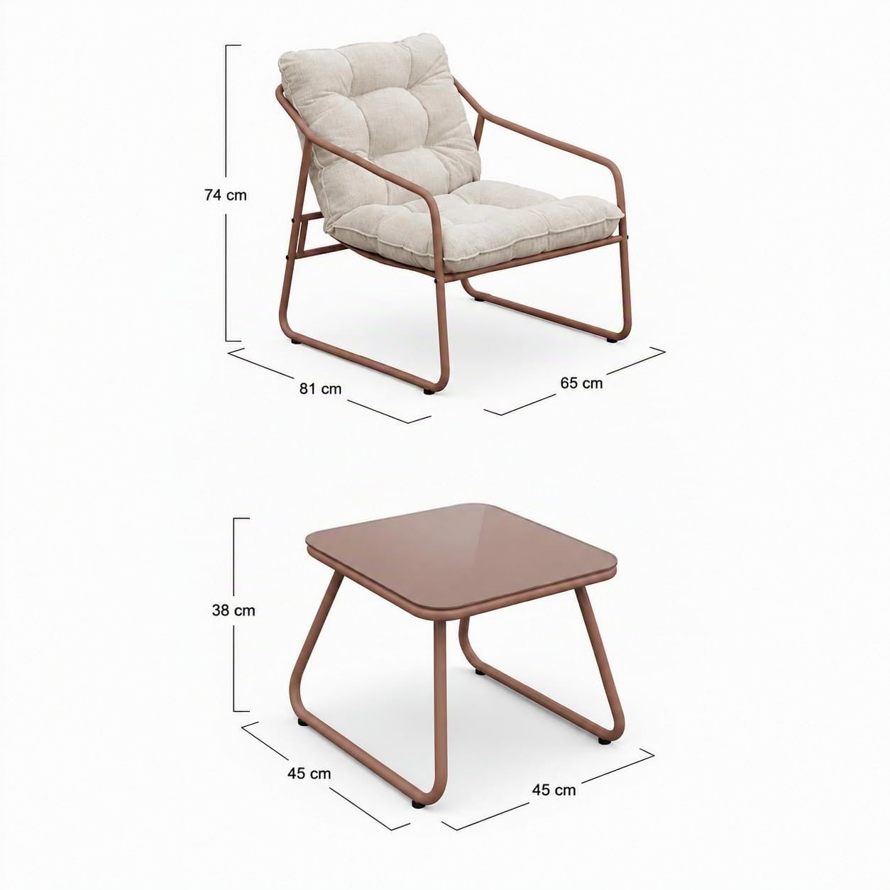 Brigros Estosa - Set Salotto da Giardino 2 Posti con 2 Poltrone e Tavolino, Arredo Esterno in Acciaio Zincato Mocha Mousse con Cuscini Beige Idrorepellenti, Set Relax Outdoor