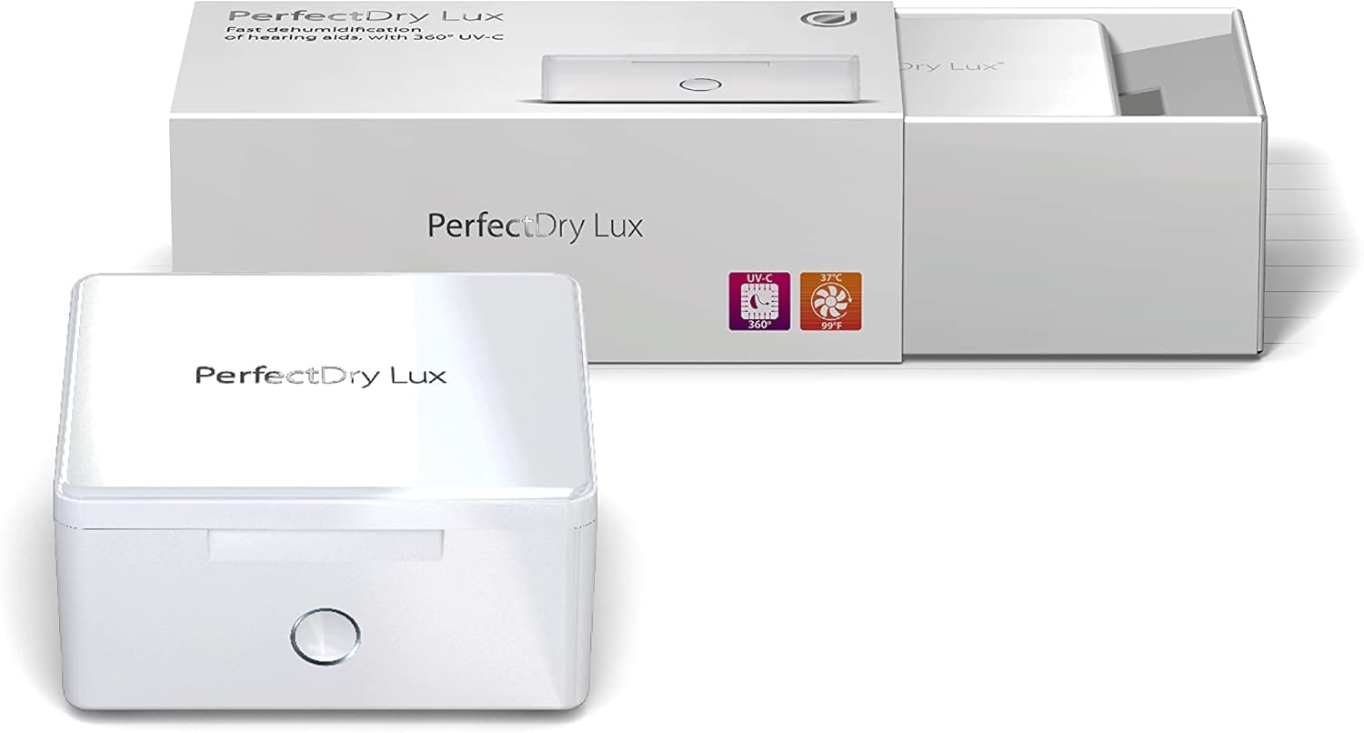 Audinell PerfectDry Lux - Scatola asciugatrice e deumidificatore per apparecchi acustici - Elimina sporco e umidità dal vostro aiuto uditivo - Lampada UV-C - Controllo della temperatura