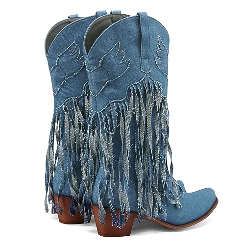 Fringe Denim Cowboy Boots Chunky Heel Tassel Cowgirl Boots Low Heel Mid Calf Western Boots2