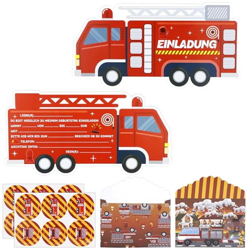 SHOWHEEL 12 Stück Feuerwehr Einladungskarten, Feuerwehrauto Einladungskarten mit Umschläge, Feuerwehrauto Partyeinladungen, Feuerwehr Kindergeburtstag, Einladungskarten Kindergeburtstag Junge