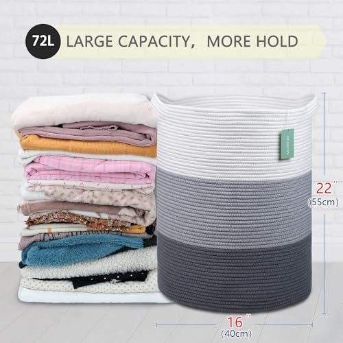Image of Cotton Rope Blanket Basket, 72L Tall Laundry Hamper, White & Gray | 16 inchx 22 inch, Large Collapsible Woven Nursery Hamper with Sturdy Handles for Clothes Toys Towels, Bedroom Living Room Bathroom