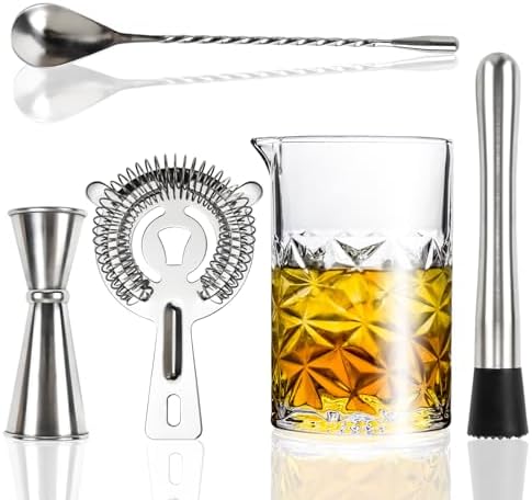Cocktail Mixing Glass Kit, 24 OZ Crystal Stirring Glass with Stainless Steel Bar Tools – 2 OZ 1 OZ Jigger, Muddler, Strainer, Spoon, Recipe – Bartender Gifts for Men, Elegant Barware for Home & Party - Thumbnail 2