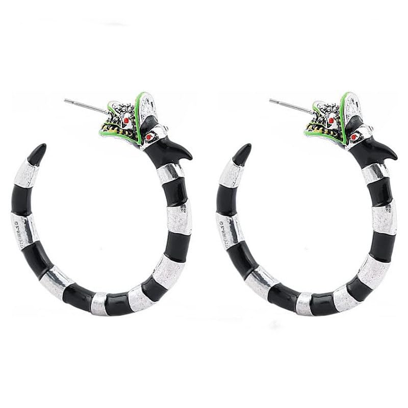 Pair of Sandsnake Style Earrings, Creepy Snake Black and White Striped Beetle Earrings for Women. Lydia Deetz Costume Accessories/ Beetle Black and White Hoop Earrings for Women/ Adults. Affordable Pair of Beetle Snake Character Earrings for Women.