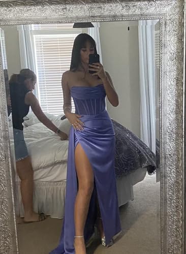 Strapless Prom Dresses for Women Satin Pleated Long Mermaid with Slit Bodycon Cocktail Party Formal Evening Gown3