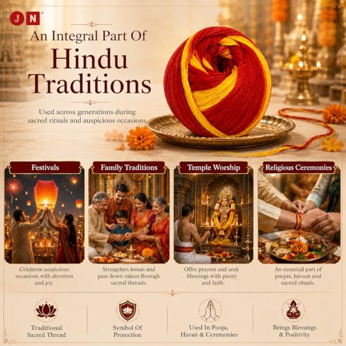 Image of JN Pure Cotton Kalava Mauli Dhaga for Pooja Rituals | Pack of 6 Rolls (20g Each) | Red & Yellow Sacred Thread | Raksha Sutra for Diwali, Rakhi, Havan & Temple Pooja | Skin-Friendly Moli