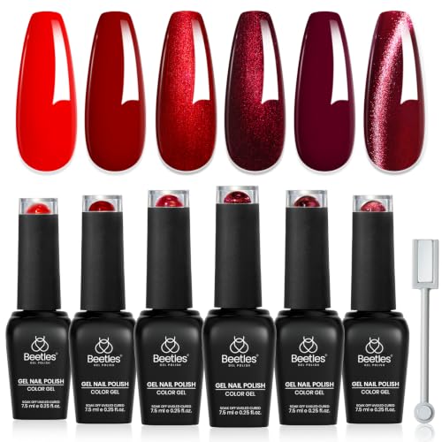 Image of Beetles Red Gel Nail Polish Set - 6 Colors Burgundy Wine Red Shimmer Gel Polish Kit with Magnet, Party Evening Gala Rouge Velvet Sparkle Soak Off UV LED Cured Nail Art Manicure Gifts for Women