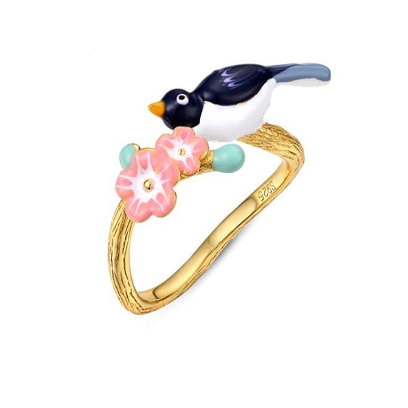 SALAN Nuevo Esmalte Pájaro Rosa Flor Abierto Ajustable Anillos De Mujer 925 Joyería De Plata Esterlina Lindo Accesorios De Anillos De Dedo De Urraca