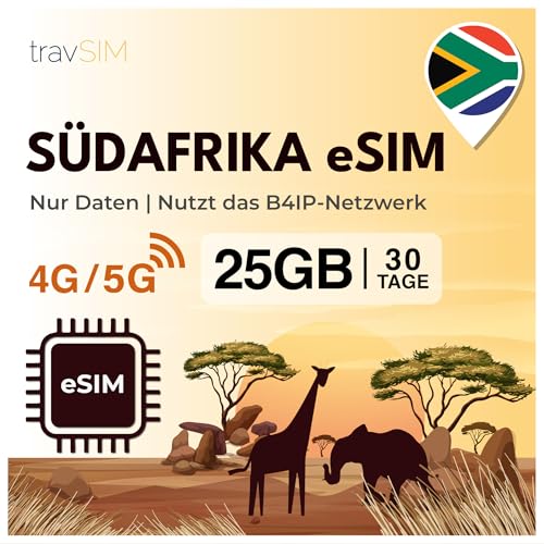 eSIM Südafrika travSIM | Landesweite Abdeckung – Johannesburg, Kapstadt, Durban + | Südafrika eSIM hat 25GB – gültig für 30 Tage | Nutzen sie Google, Facebook, Whatsapp und mehr – Keine gebühren