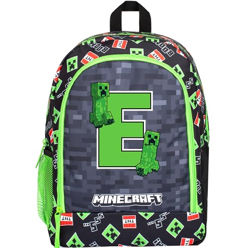 Minecraft Personalisierter Schulrucksack für Kinder, groß, A4, 2 Fächer, Rucksack, Reisetasche mit Netztaschen und verstellbaren, gepolsterten Schultergurten, Schwarz