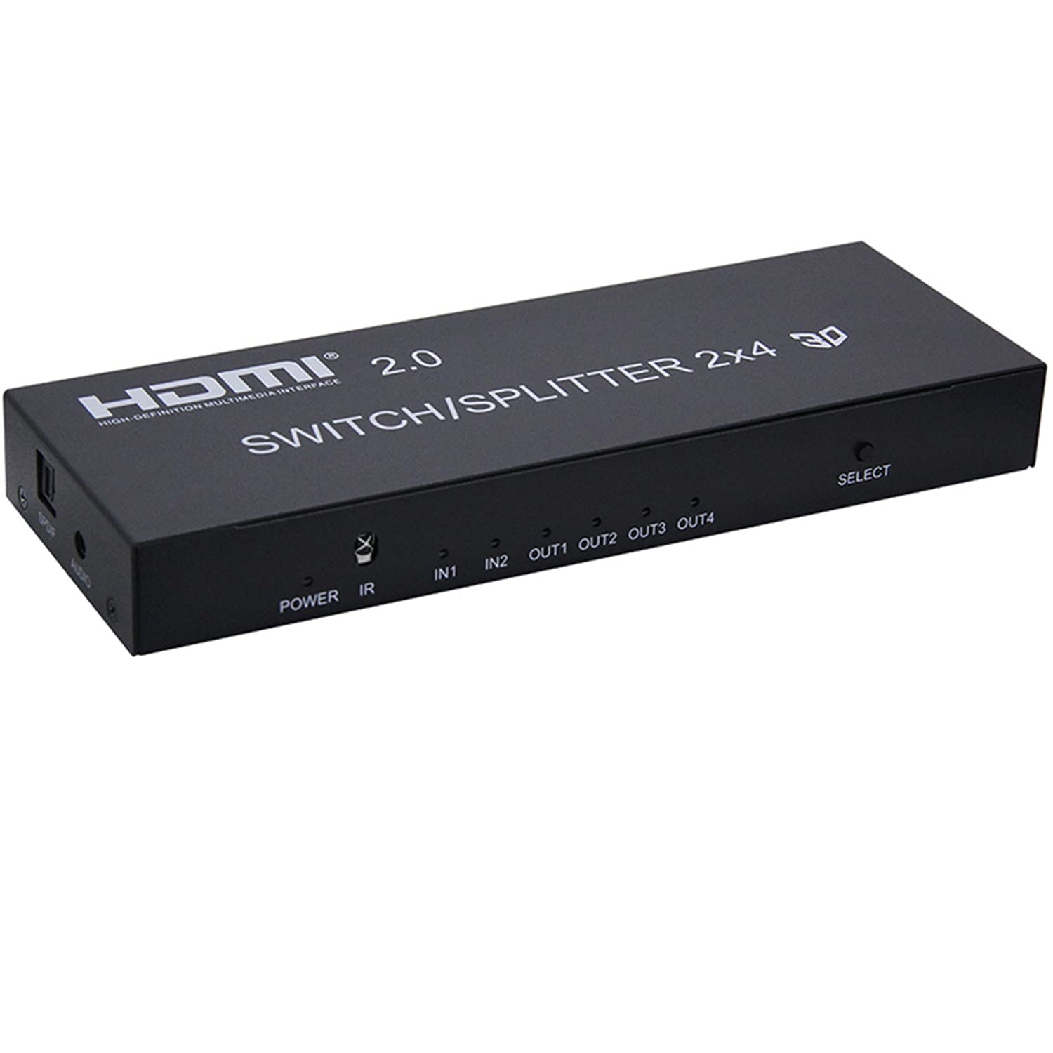 Divisore HDMI 2x4 ，4K HDMI 2.0 Switcher 2X4 Splitter con HDMI 2.0 SPDIF Estrattore audio Funzioni splitter HDMI 2 in 4 out Switch Splitter