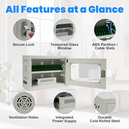 Image of 20-Device Charging Station, Charging Cabinet for Cellphones & Tablet Computers, Rechargeable Cellphone Locker Storage Charging Station, Locking Laptop Storage Box with Cable Management