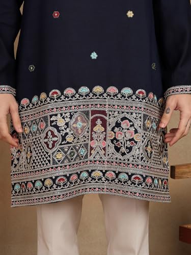 Image of Amazon Brand - Tavasya Men Printed Kurta with Ethnic Motif Border | Special Haldi Kurta | Festive Embellished Long Kurta | Embroidery Kurta | Ethnic Wear | Mandarin Collar | Knee Length