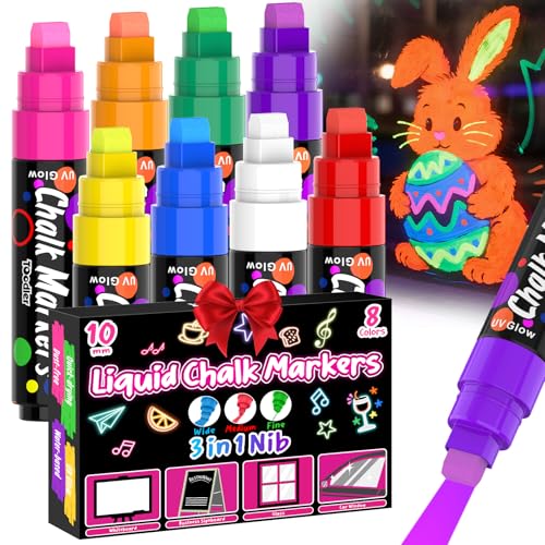 Toodler 8 UV Neon Chalk Markers Glow in the Dark under Blacklight, Jumbo Liquid Chalk Markers Erasable 10mm 3 In 1 Nib, Fluorescent Paint Pens For Car Window Glass Blackboard Poster Painting DIY Craft