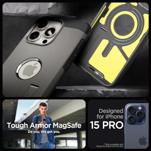 Image of Spigen Tough Armor MagFit Designed for iPhone 15 Pro Case (2023) [Kickstand] [Military-Grade Protection] Compatible with MagSafe - Gunmetal
