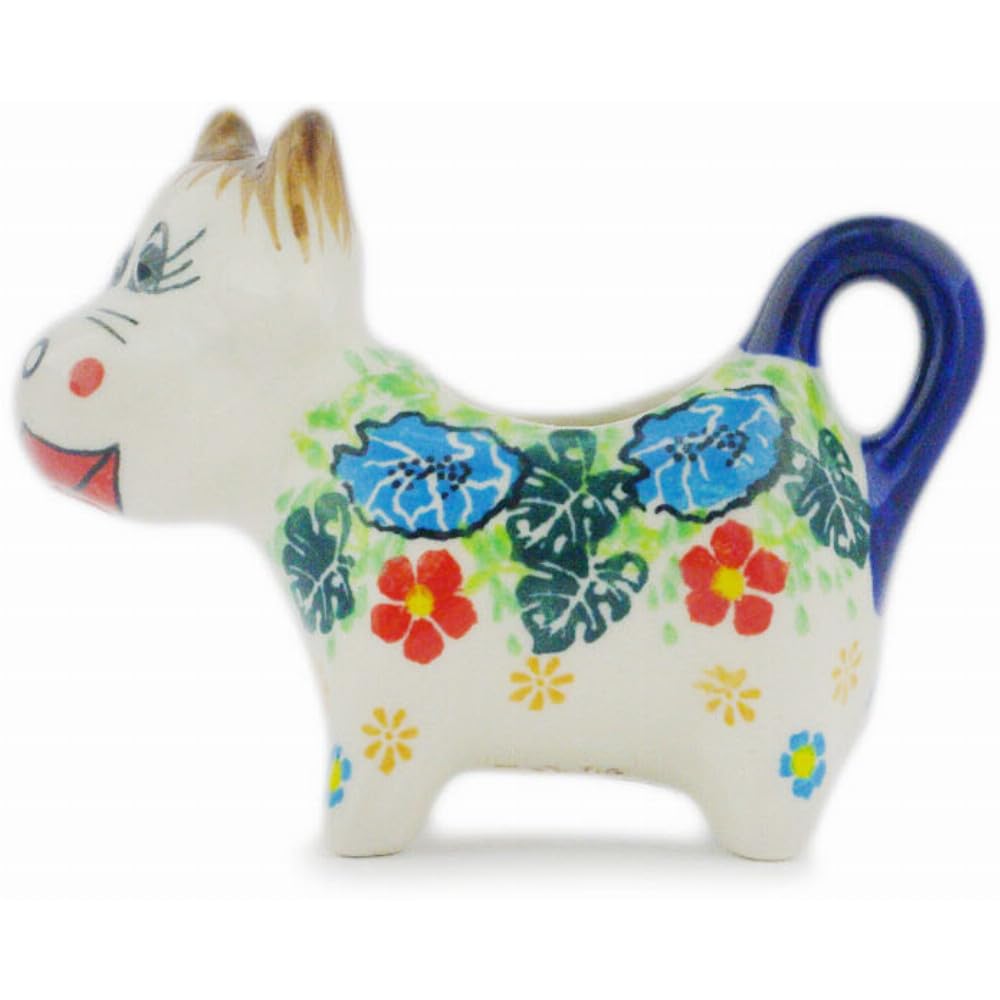 Authentic Polish Pottery Cow Shaped Creamer Signature UNIKAT in Monstera Blooms Design Handmade in Boles?awiec Poland by Ceramika Dalia + Certificate of Authenticity