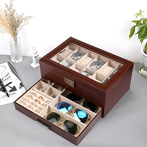 Voova Jewelry Box Watch Boxes Organizer For Men Women, 2 Layer Large 12 Slot Pu Leather Watch Storage Case, Glass Top Jewelry Display Holder For Watches Sunglasses Rings Necklaces Bracelets (Brown) #TOP6