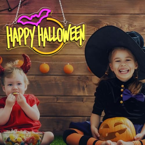 Image of Happy Halloween Neon Sign Bat LED Light Up for Bedroom Home Bar Halloween Decor Trick or Treat Party Backdrop USB Powered