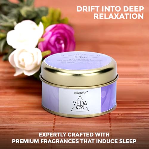 Image of Welburn Veda&Co Scented Wax Candle (85gm, 15 Hr Burn Time) | Aromatherapy Travel Tin Candle | Soy Wax | Induces Sleep & Relaxation | Stress Relief Candle for Bedroom, Meditation & Home Decor