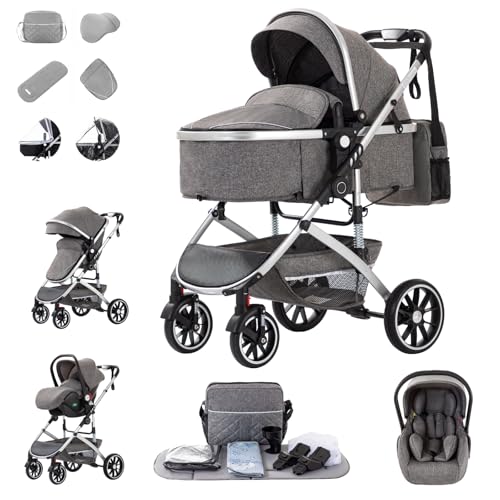 Zkiprm Cochecito de bebé 3 en 1 con sistema de viaje con cesta de transporte, hasta 22 kg, plegable, marco de aluminio, mosquitera, cubierta de lluvia, bolso mamá, 0-4 años