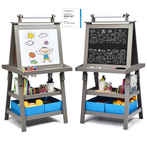 COSTWAY 3 en 1 Tableau Enfants Double Face avec Rouleau de Papier, Chevalet Enfants avec 2 Etagères et 2 Boîtes de Rangement, Structure Triangulaire, Jouet de Dessin pour Enfants de 3 Ans+