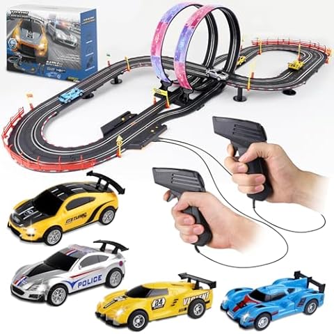 Slot Car Race Track Sets, 19ft Electric Track with LED Lights and 4 Slot Cars, 2 Hand Controller and Racing Game Lap Counters, Race Track Set Features a Loop, Turns, and a Crossover for Boys Age 6-12 Cover