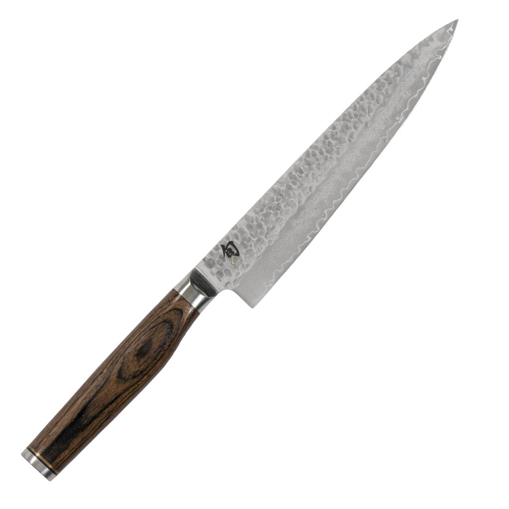 KAI Shun Premier Tim Mälzer Couteau Utilitaire Japonais 16,5 cm - Noyau VG-MAX 61 HRC, Acier Damas Poli de 32 Couches - bois de pakka Marron Moyen - Finition Martelée - Fabriqué au Japon