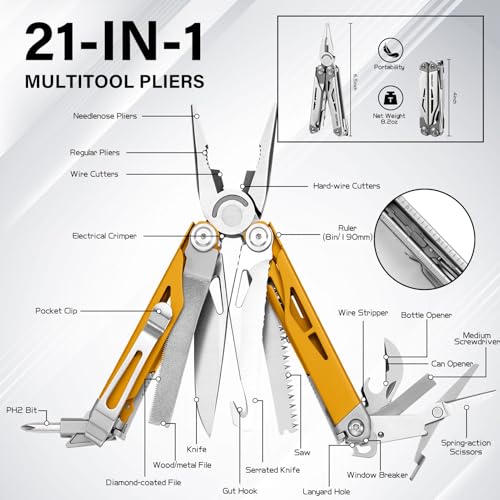 Image of 21-in-1 Multi Tool Pliers w /Safety Locking & Spring-Action Scissors | Heavy-duty Stainless Steel Multi-tool Set with Nylon Sheath for Work, Home, Garden, DIY & Auto, Maple Yellow