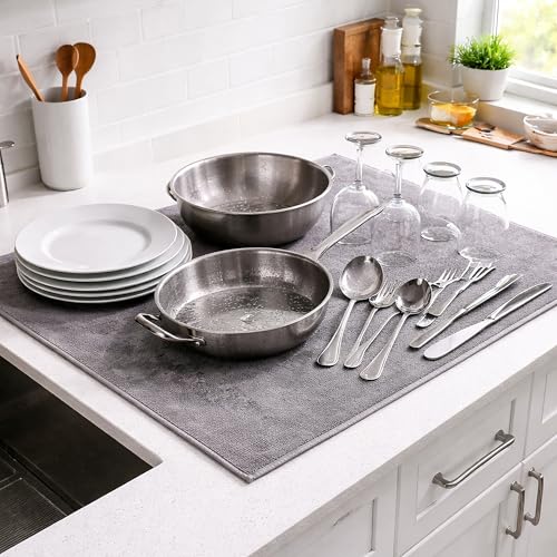 Image of Cutting EDGE Microfiber Dish Drying Mat - Water Absorbent & Reversible for Kitchen Utensils, Counter Top, Sink (Pack of 1, Grey Color, Plain-Design)