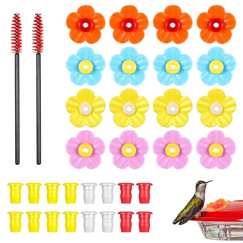 Bewudy 16Pcs Hummingbird Feeder Parts, Hummingbird Feeder Replacement Parts Flowers with 2 Cleaning Brushes for Hanging Feeding Humming Bird Outdoors (Colorful)