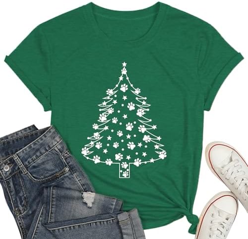 Merry Christmas Shirts Women Merry Christmas Tree Printed Short Sleeve T-Shirts Xmas Gift Tee Tops