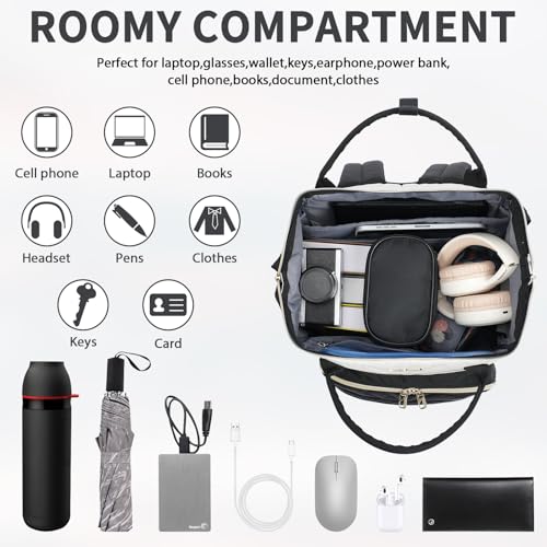 Image of VANKEAN Laptop Backpack for Women Fashion Computer Work Bag, Large Capacity Waterproof Backpack, College Daypack Business Travel, Beige /Black, 15.6 Inch