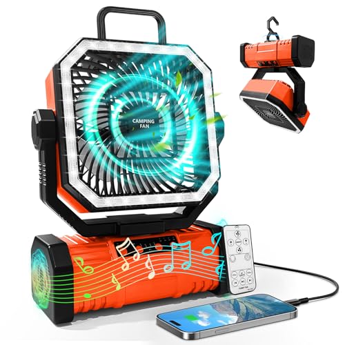 Super RGB 20000mAh Portable Camping Fan W/Bluetooth Speaker, Rechargeable Battery Operated Oscillating Camp Tent Fan W/Remote control, 4 Speeds, LED lights & 360° Rotation Hook for Outdoor RV Travel