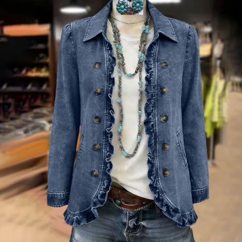 YMADREIG Ruffle Jean Jacket Women Casual Open Front Button Down Denim Coat - image 7