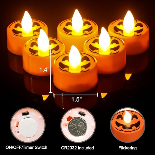 Image of Halloween Tea Lights Candles with 6H Timer, Pumpkin Flameless Candles with Ghost Face Flickering, LED Candles Battery Operated 12 Pack Φ 1.5 inch H 1.4 inch for Fall Halloween Decorations