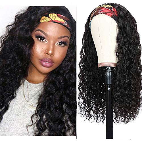 Water Wave Headband Wig Human Hair 20inch Curly Hair Band Wig for Black Women 150% Density Brazilian Virgin Human Hair Machine Made Half Wigs None Lace Front Wig Human Hair Wavy Easy Wear Wigs