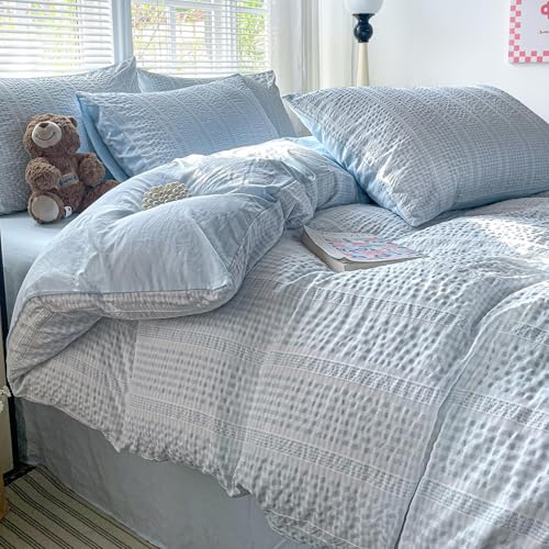 Guchuang Bedding Blue Seersucker Duvet Cover Set Double Size 3-Piece Microfiber Bedding Set - Wrinkle-Resistant & Lightweight Design with Hidden Zipper (Double 200x200cm)