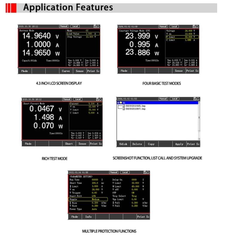 Application features of UNI-T UTL8500 Series, showing various test modes and screen displays