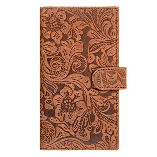 Image of Oak Leathers Checkbook Cover Slim Minimalist For Men with RFID Blocking Credit Card Holder Wallet (Vintage Flower Cognac)