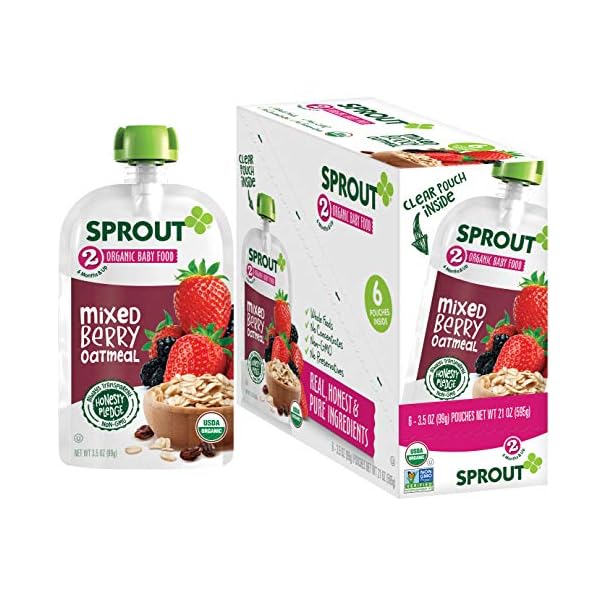 Sprout Organic Baby Food, Stage 2 Pouches, Fruit Veggie & Grain Blend, Mixed Berry Oatmeal, 3.5 Oz Purees (Pack of 6)