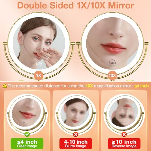 Benbilry 9" Large Wall Mounted Lighted Makeup Mirror, 1X/10X Magnifying 2-Sided AC Plug-in Powered Bathroom Mirror with 3 Color Lights, Touch Dimmable, Extended Arm 360° Rotation, 【Gold】 by Benbilry - Image 2