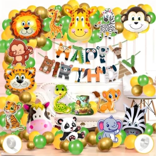 Image of MOOKE Jungle SAFARI Theme Birthday Decoration Kit - 68 Pcs Balloon, Bunting for Kids | Animal Theme Birthday Party Decorations | Jungle Safari Theme Birthday Decoration
