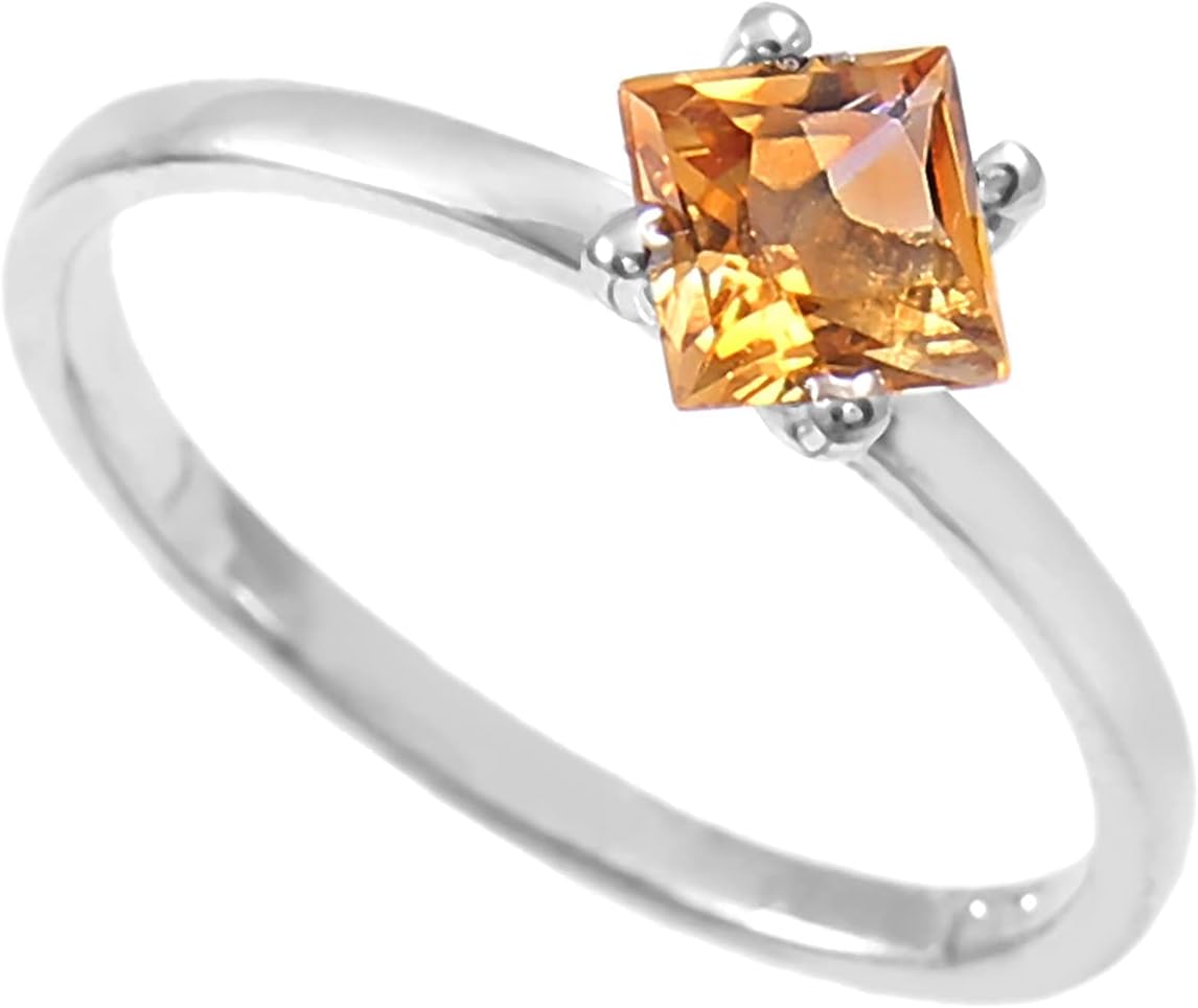 925 Sterling Silver Ring | AAA Quality Natural Citrine Faceted Square Gemstone Ring for Women | Engagement Ring, November Birthstone Ring, Astrological Ring | Ring Size 8.5 US (D3)