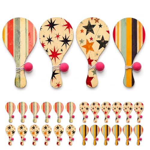 byvood 24-Pack Wooden Patriotic Paddle Ball Set, 4 Patterns