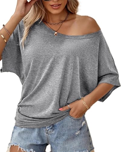 Image of Hilinker Womens Sexy Off The Shoulder Tops Short Batwing Sleeve T Shirt Oversized Casual Tee