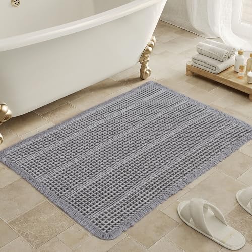 PureCozy Upgraded Waffle Bath Mats for Bathroom, Super Absorbent Non Slip Bathroom Rugs, Indoor Kitchen Washable Door Mat, Ultra Soft Quick Dry Bath Rug for Laundry Room, Grey, 18'x30'