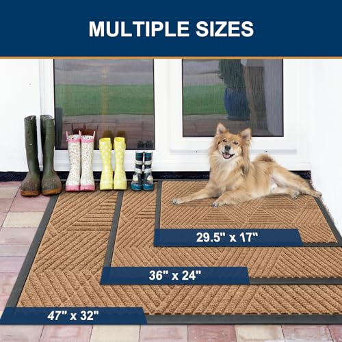 Image of Smiry Front Door Mat Outside Entrance, Heavy Duty Sturdy Natural Rubber Doormat, Trap Dirt and Moisture, Easy Clean Low Profile Mats for Indoor Outdoor Entry, Irregular Triangle (29.5x17, Coffee)